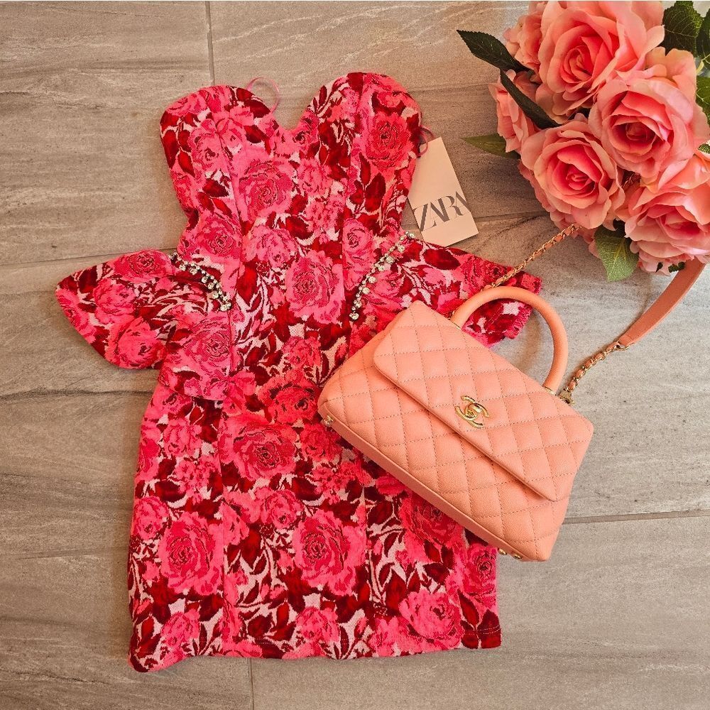 ZARA JACQUARD PINK AND RED FLORAL DRESS JEWEL - Picture 3 of 16